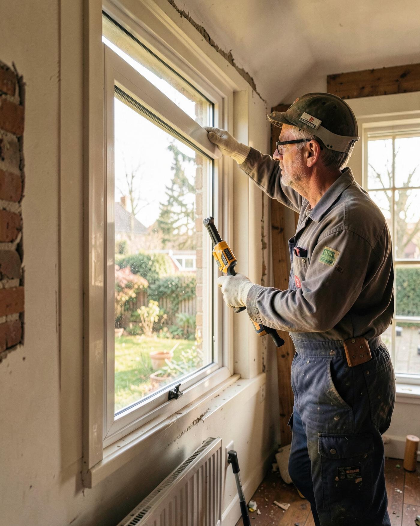 Vakman plaatst een kozijn in een woning